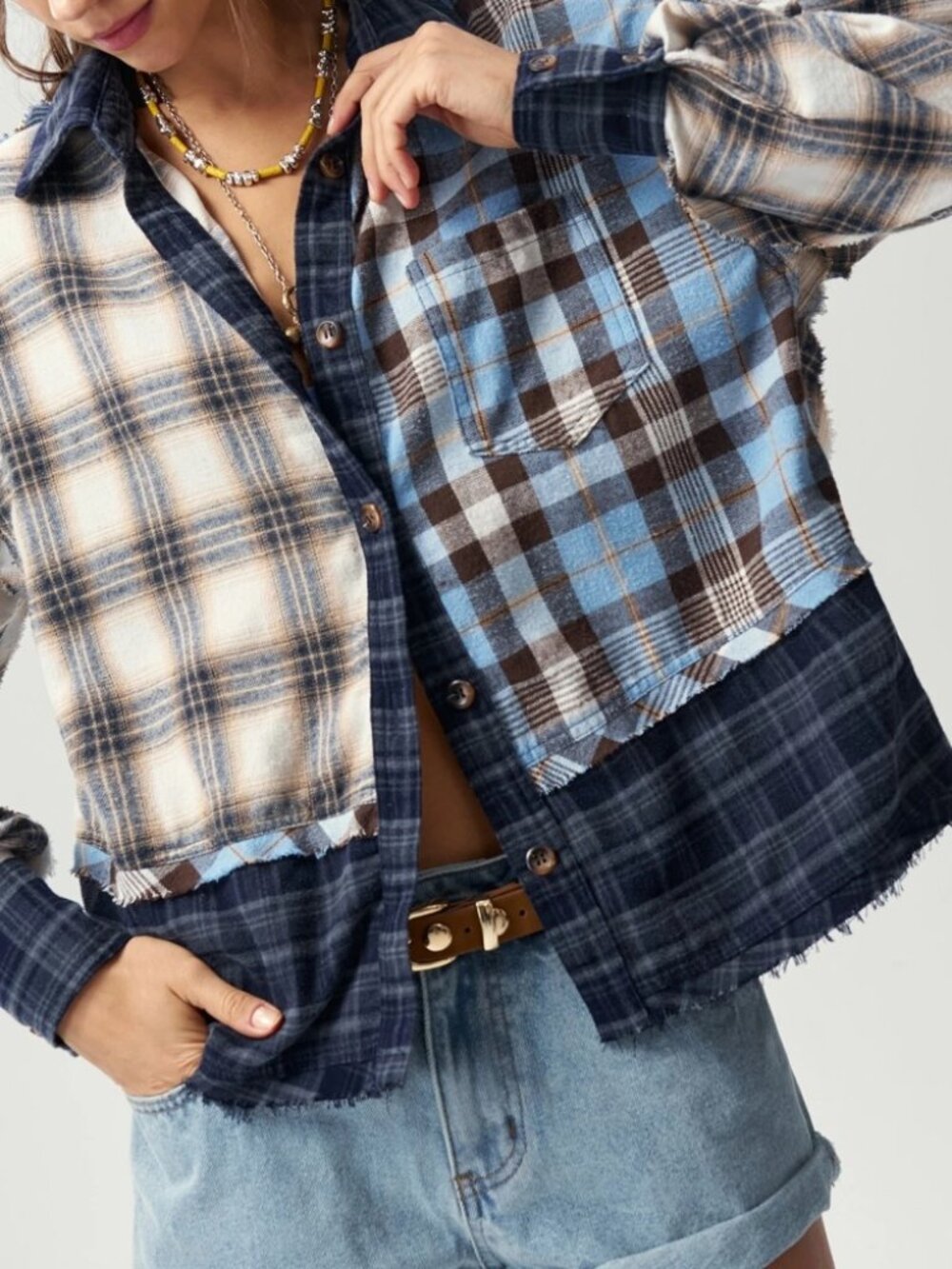 Blue Cream Mixed Plaid Flannel Shirt Raw Hem Colorblock